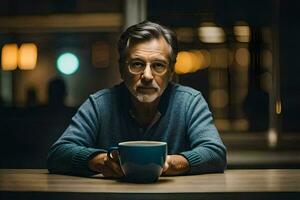 en man med glasögon sitter på en tabell med en kopp av kaffe. ai-genererad foto