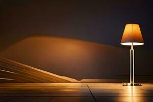 en lampa är Sammanträde på en trä- golv. ai-genererad foto