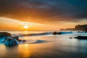 solnedgång över de hav med vågor kraschar in i rocks. ai-genererad foto