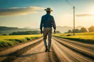 en man i en cowboy hatt gående ner en smuts väg. ai-genererad foto