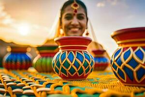 en kvinna i traditionell indisk klänning är leende medan innehav färgrik krukor. ai-genererad foto