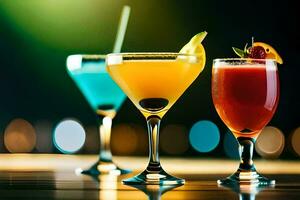 tre annorlunda färgad cocktails sitta på en tabell. ai-genererad foto