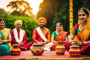 indisk bröllop ceremoni med familj och vänner. ai-genererad foto