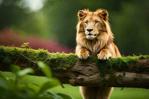 en lejon är Sammanträde på en träd gren. ai-genererad foto