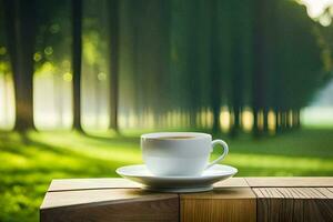 en kopp av kaffe på en trä- tabell i de skog. ai-genererad foto
