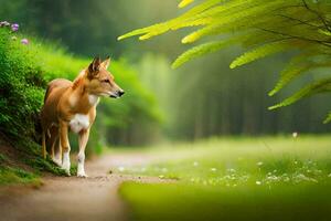 en hund är gående längs en väg i de skogen. ai-genererad foto