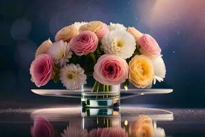 en vas fylld med rosa och vit blommor. ai-genererad foto