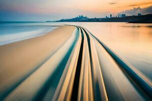 en tåg spår på de strand på solnedgång. ai-genererad foto