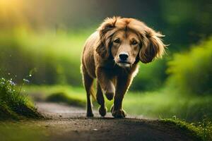 en hund gående på en väg i de mitten av en fält. ai-genererad foto