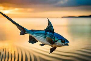 en fisk flygande över de vatten på solnedgång. ai-genererad foto