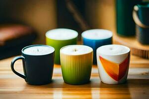en grupp av fyra färgrik kaffe koppar på en trä- tabell. ai-genererad foto
