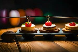 tre mini desserter på en trä- bricka. ai-genererad foto