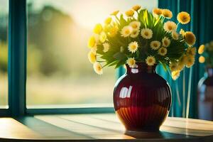 en vas av blommor Sammanträde på en tabell nära en fönster. ai-genererad foto