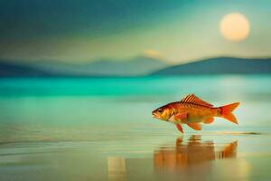 en fisk är gående på de strand på solnedgång. ai-genererad foto