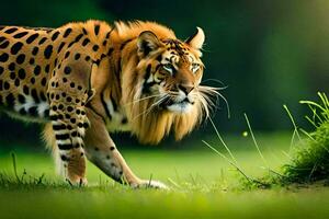 en tiger gående genom en gräs- fält. ai-genererad foto