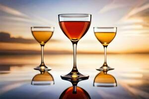 tre glasögon av vin på en tabell med en solnedgång i de bakgrund. ai-genererad foto