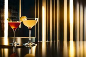 två cocktails sitta på en tabell i främre av en vägg. ai-genererad foto