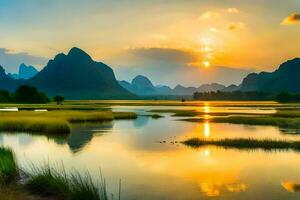 de Sol uppsättningar över en flod och bergen i Kina. ai-genererad foto