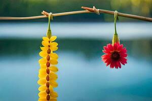 två gul blommor hängande från en gren nära en sjö. ai-genererad foto