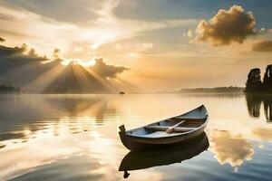 en båt på de sjö på solnedgång. ai-genererad foto