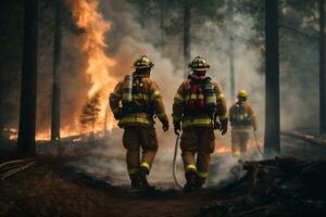 brandmän släcka en skog brand. modig människor håller på med farlig arbete. ai generativ foto