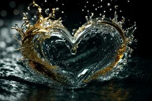 hjärta tillverkad av vatten stänk och droppar på mörk bakgrund. kärlek begrepp. hjärtans dag. ai generativ foto