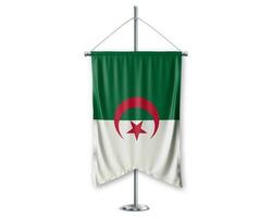 algeriet upp vimplar 3d flaggor på Pol stå Stöd piedestal realistisk uppsättning och vit bakgrund. - bild foto