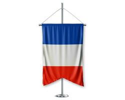 Frankrike upp vimplar 3d flaggor på Pol stå Stöd piedestal realistisk uppsättning och vit bakgrund. - bild foto