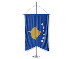 kosovo upp vimplar 3d flaggor på Pol stå Stöd piedestal realistisk uppsättning och vit bakgrund. - bild foto