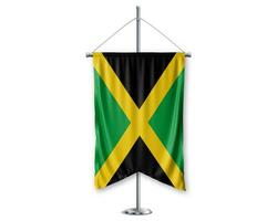 jamaica upp vimplar 3d flaggor på Pol stå Stöd piedestal realistisk uppsättning och vit bakgrund. - bild foto