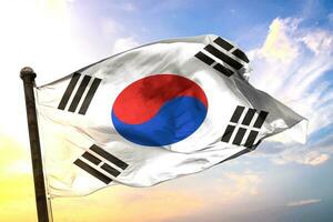 Sydkorea 3d tolkning flagga vinka isolerat himmel och moln bakgrund foto