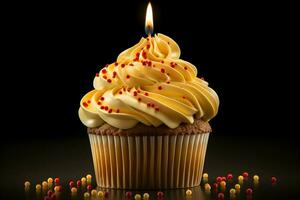 Foto födelsedag muffin med ljuskrona gnistra bakgrund generativ ai