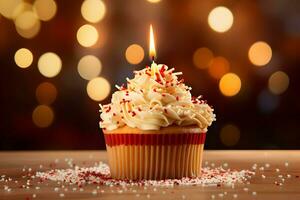 Foto födelsedag muffin med ljus och med glasyr arrangemang generativ ai