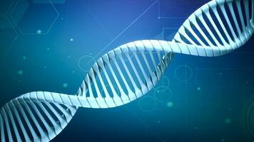 modell abstrakt dna 3d tolkning animering på mörk blå bakgrund. blå lysande roterande dna dubbel- helix. vetenskap och medicin begrepp. sömlös slinga bakgrund. design av genetik information. foto