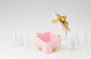 minimal öppen rosa gåva låda jul baner försäljning begrepp. rabatter och gåvor för de Lycklig ny år, minimal stil försäljning vit landskap skog snö.3d tolkning Plats för text pastell bakgrund. foto