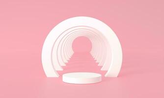 modern minimal scen med geometrisk cirkel. cylinder pallplatser i mjuk rosa bakgrund. scen stå till visa kosmetisk produkt, monter, skyltfönster, visa fall. 3d tolkning illustration. foto