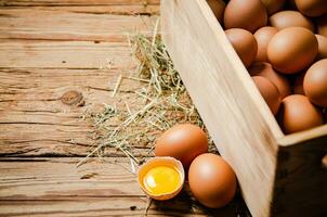 färsk kyckling ägg i gammal låda. foto