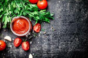 tomat sås i en glas burk med persilja och vitlök. foto