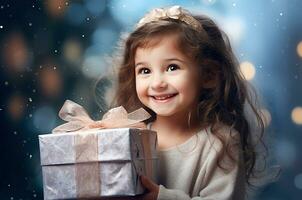 överraskad liten flicka innehav jul närvarande foto