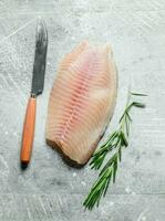 fisk filea med kniv och rosmarin. foto