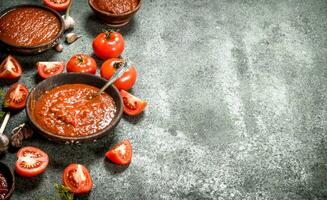 tomat sås med kryddor och örter. foto