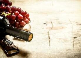 röd vin med en korkskruv, vindruvor och korkar. foto