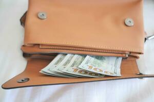 oss dollar kontanter i kvinnor handväska på säng foto