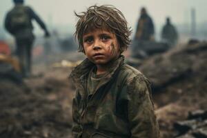 en barn i en krig konflikt zon. barn skydd. ai genererad foto