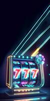 neon spår maskin med 777 jackpott och spridning lampor på mörk bakgrund. kasino spel begrepp, generativ ai teknologi. foto