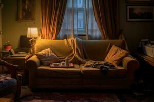 en mysigt levande rum scen med en catsuit och te uppsättning på en soffa foto