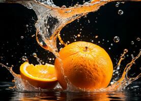 orange frukt faller i de vatten stänk ai generativ foto