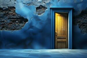 kreativ bild gammal trä- dörr på årgång vägg bakgrund i blå neon färg.generativ ai foto