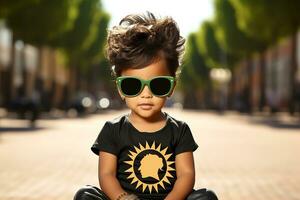 modern liten glamorös flicka i svart sommar klänning och solglasögon Sammanträde utanför.generativ ai foto