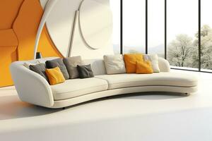stor grå soffa med grå och orange kuddar, styled med organisk former och böjd rader i eleganta Hem interiörer.generativ ai foto